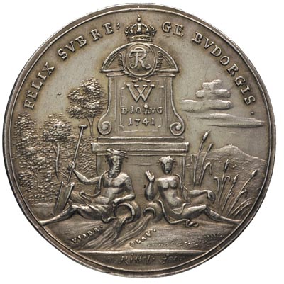 medal autorstwa W.Kittel’a na zajęcie Wrocławia przez Prusy w 1741 r., Aw: Bóg Odry i Nimfa Oławy siedzą pod pomnikiem, powyżej napis FELIX SVB RE-GE BVDORGIS, w odcinku na dole sygn.Kittel.fec. Rw: Widok miasta, powyżej Orzeł pruski, poniżej herb Wrocławia i napis BRES - LAV, srebro 29.43 g, 50 mm, F uS. 4249, Henckel 4057