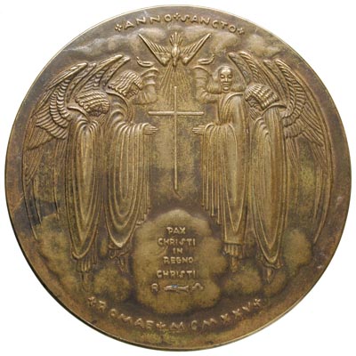 Nysa - medal 1925 r., Aw: Galera na wzburzonym morzu i napis w otoku PORTAE INFERI NON PRAEVALEBVNT ADVER EAM, poniżej OPVS. ZVTT.R.A.PICT./NISSAE/1925, Rw: Przy krzyżu aniołowie z rękami złożonymi do modlitwy, powyżej napis ANNO SANCTO, poniżej PAX CHRISTI IN REGNO CHRISTI / ROMAE MCMXXV, brąz lany 139 mm