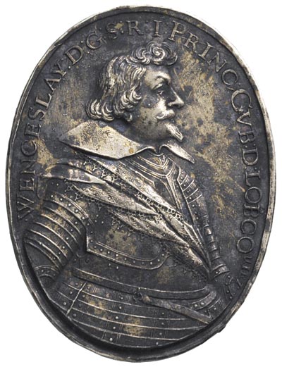 Wacław Lobkowiec 1609-1677 (książę czeski, minister cesarza Leopolda I), -medal niesygnowany, Aw: Półpostać w profilu w prawo, napis wokół WENCESLAY D G S R I PRINC GUB D LOBCOuiez, Rw: Drzewo koralowe, powyżej napis TEMPORE DURESCIT, u góry korona, srebro 28.93 g, 45.5 x 34.5 mm, Więcek 77, ciekawy rzadki medal, którego autorstwo A.Więcek przypisuje S. Dadlerowi, ciemna patyna