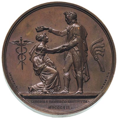 Napoleon Bonaparte - medal autorstwa Andrieu’a i Denon’a wybity z okazji zdobycia Gdańska przez wojska Napoleona w 1807 r. i ustanowienia Wolnego Miasta, Aw: Popiersie Napoleona i napis, Rw: Napoleon koronujacy kleczącą przed nim kobietę, po bokach kaduceusz i kokarda, w odcinku napis LIBERTAS DANTISCO RESTITVTA MDCCCVII, brąz 38.71 g, 40 mm, H-Cz 4295, piękny egzemplarz