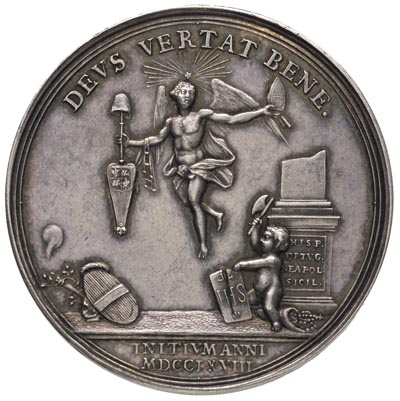 medal autorstwa J.G.Holtzhey’a 1768 r., Aw: Anioł opiekun Polski i Litwy zstępujący z nieba, trzymający w lewej dłoni mitrę biskupią, w prawej łopatę z czapką wolności i tarczą herbową Polski i Litwy, w polu
