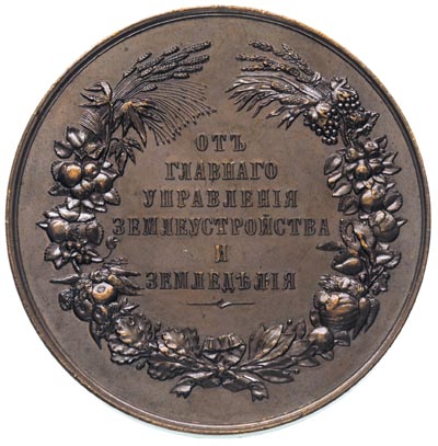 medal nagrodowy, Aw: Popiersia Aleksandra III i Mikołaja II, Rw: Napisy w wieńcu z owoców i płodów rolnych, brąz 142.45 g, 65 mm, Diakow 1160.1