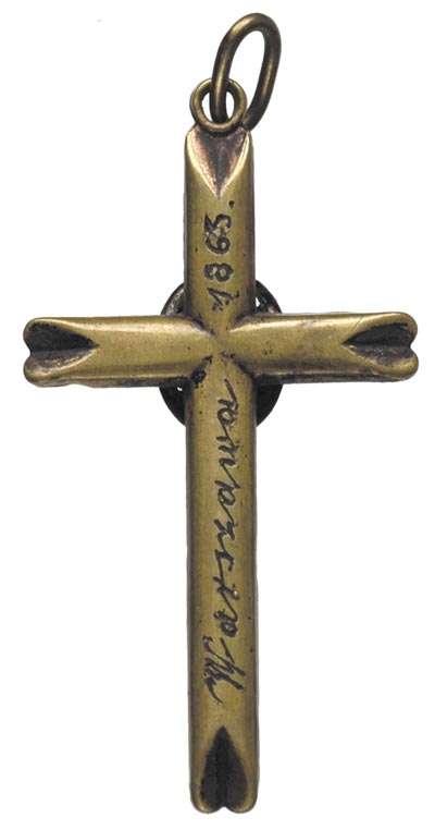 krzyżyk na pamiątkę Powstania Styczniowego z uszkiem i napisem WARSZAWA 1863, na stronie głównej przymocowany orzeł Królestwa Polskiego w owalnej obwódce, mosiądz 51 x 27.7 mm