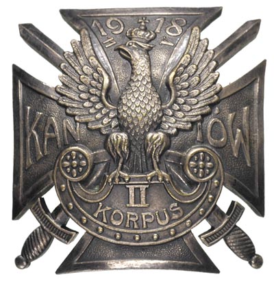 odznaka pamiątkowa 2 Polskiego Korpusu \Krzyż Kaniowski 1918, biały metal posrebrzany 41 x 43 mm Stela 6.17.b