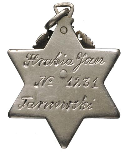 żeton Cesarskiego Związku Myśliwskiego 1872, na stronie odwrotnej wygrawerowany napis Hrabia Jan Tarnowski, nr. 1231, srebro 31 x 24 mm, emalia