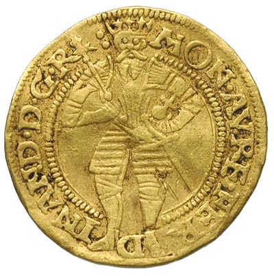 Ferdynand I 1521-1564, dukat 1558, Klagenfurt , Aw: Stojąca postać w zbroi, Rw: Tarcza herbowa, złoto 3.45 g, Markl 1427, Fr. 42, gięty