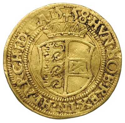 Ferdynand I 1521-1564, dukat 1558, Klagenfurt , Aw: Stojąca postać w zbroi, Rw: Tarcza herbowa, złoto 3.45 g, Markl 1427, Fr. 42, gięty