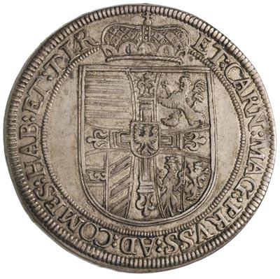 arcyksiążę Maksymilian 1612-1618, talar 1616, Hall, Aw: Popiersie, Rw: Tarcza herbowa, srebro 28.84 g, Voglhuber 122 IX wariant, Dav. 3322, patyna