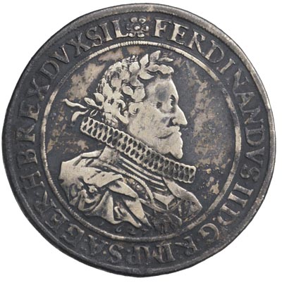 Ferdynand II 1619-1637, talar 1627, Wrocław, Aw: Popiersie, Rw: Orzeł dwugłowy, srebro 28.09 g, F.u.S. 213, Herinek 553, Dav. 3156, bardzo ciemna patyna