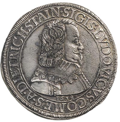 Zygmnunt Ludwik 1631-1664, talar 1638, Graz, Aw: Popiersie, Rw: Herby poniżej orła cesarskiego, srebro 28.85 g, Dav. 3372, ślad po czyszczeniu -porowata powierzchnia monety