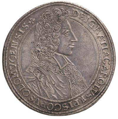 Karol III Lotaryński 1695-1711, talar 1704, Ołomuniec, Aw: Popiersie, Rw: Herby, srebro 28.44 g, Suchomel-Viedeman str. 207 typ D, patyna