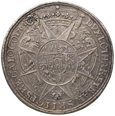 Karol III Lotaryński 1695-1711, talar 1704, Ołomuniec, Aw: Popiersie, Rw: Herby, srebro 28.44 g, Suchomel-Viedeman str. 207 typ D, patyna