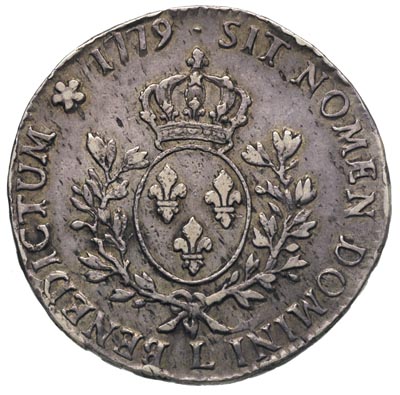 Ludwik XVI 1774-1793, ecu 1779, Bayonne, srebro 28.91 g, Duplessy 1708, patyna