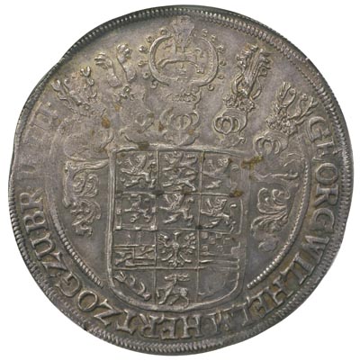 Jerzy Wilhelm 1648-1705, talar 1661, Aw: Tarcza herbowa, Rw: Dziki człowiek, Welter 1583, Dav. 6527, moneta w pudełku NGC z certyfikatem MS 62, patyna