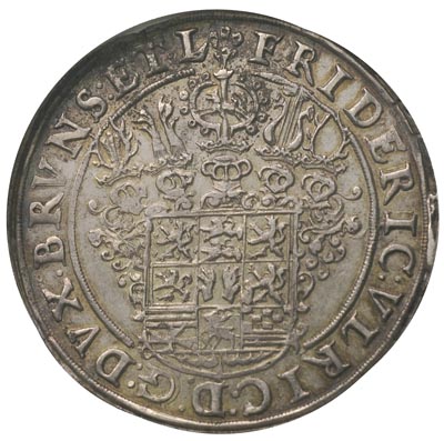 Fryderyk Ulryk 1613-1634, talar 1631, Aw: Tarcza herbowa, Rw: Dziki człowiek, Welter 1057 A, Dav. 6307, moneta w pudełku NGC z certyfikatem MS 62, patyna