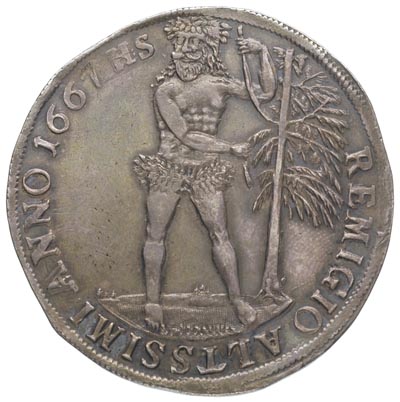 Rudolf August 1666-1685, talar 1667, litery HS, Aw: Tarcza herbowa, Rw: Dziki człowiek, srebro 28.85 g, Welter 1839,.Dav. 6378, ciemna patyna