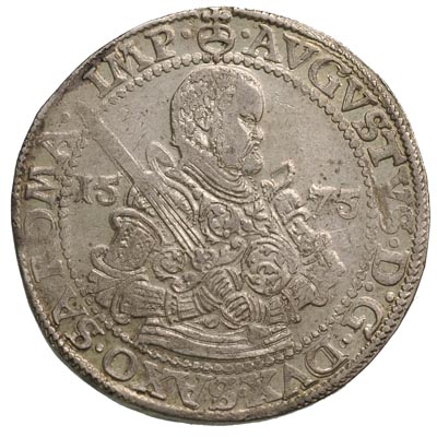 August 1553-1586, talar 1575, Aw: Popiersie w polu data, Rw: Tarcza herbowa, srebro 29.10 g, Schnee 725, Dav. 9798, ładnie zachowany