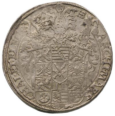 August 1553-1586, talar 1575, Aw: Popiersie w polu data, Rw: Tarcza herbowa, srebro 29.10 g, Schnee 725, Dav. 9798, ładnie zachowany