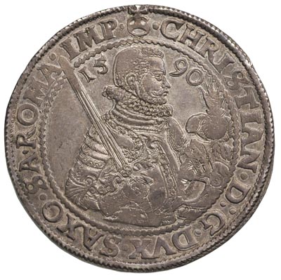 Krystian I 1586-1591, talar 1590, Aw: Połpostać w polu u góry data, Rw: Tarcza herbowa, srebro 29.28 g, Schnee 731, Dav. 9806, bardzo ładny egzemplarz z patyną