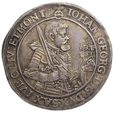 Jan Jerzy 1615-1656, talar 1620, Aw: Półpostać, Rw: Tarcza herbowa, srebro 28.98 g, Schnee 818, Dav. 7591, ładny egzemplarz, patyna