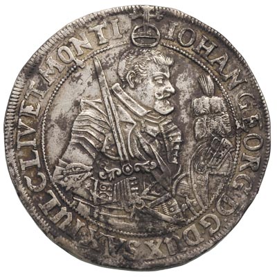 Jan Jerzy 1615-1656, talar 1633, Aw: Półpostać, Rw: Tarcza herbowa, srebro 28.89 g, Schnee 845, Dav. 7601, nierównomierna ciemna patyna