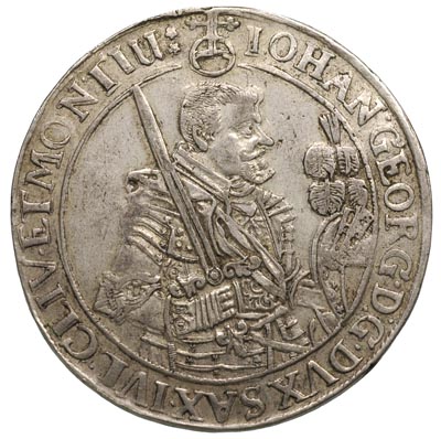 Jan Jerzy 1615-1656, talar 1643, Aw: Półpostać, Rw: Tarcza herbowa, srebro 28.59 g, Schnee 879, Dav. 7612, na awersie rysy w tle