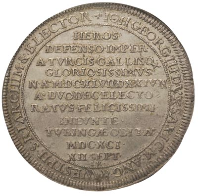 Jan Jerzy IV 1691-1694, talar 1691, Lipsk, Aw: Napisy w poziomie i otoku, Rw: Ramię z chorągwią, Schnee 971, Dav. 7643, moneta w pudełku NGC z certyfikatem AU 55, patyna
