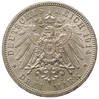 Anhalt, Fryderyk II 1904-1918, 3 marki 1914/A, Berlin, J. 24, ładnie zachowane