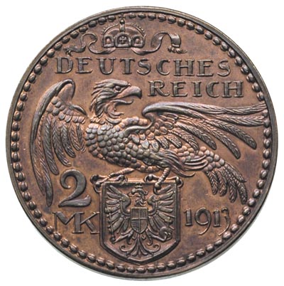 Bawaria, Ludwik III 1913-1918, 2 marki 1913, próba projektu K. Gaetza, miedź 8.26 g, Schaaf 51/G1, ładnie zachowane
