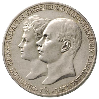 Meklemburgia Schwerin, Fryderyk Franciszek IV 1897-1918, 5 marek 1904/A, Berlin, J. 87, moneta wybita z okazji ślubu z księżniczką Aleksandrą
