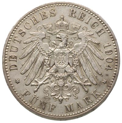 Meklemburgia Schwerin, Fryderyk Franciszek IV 1897-1918, 5 marek 1904/A, Berlin, J. 87, moneta wybita z okazji ślubu z księżniczką Aleksandrą