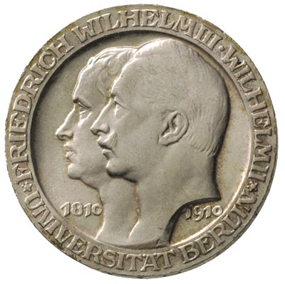 Prusy Wilhelm II 1888-1918, 3 marki 1910/A, Berlin, 100-lecie Uniwersytetu w Berlinie, J. 107, bardzo ładne