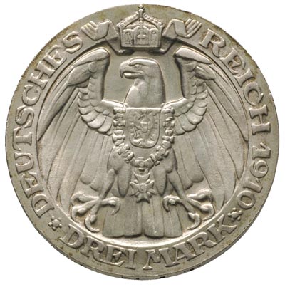 Prusy Wilhelm II 1888-1918, 3 marki 1910/A, Berlin, 100-lecie Uniwersytetu w Berlinie, J. 107, bardzo ładne
