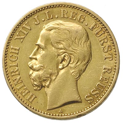 Reuss - młodsza linia, Henryk XIV 1867-1913, 20 marek 1881/A, Berlin, złoto 7.93 g, J. 256, rzadkie