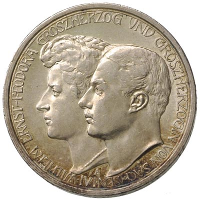 Saksonia Weimar Eisenach, Wilhelm Ernest 1901-1918, 3 marki 1910/A, Berlin, J. 162, moneta wybita z okazji zaślubin z Feodorą von Sachsen-Meiningen, patyna