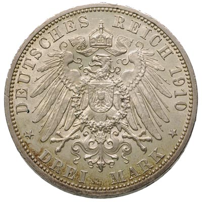 Saksonia Weimar Eisenach, Wilhelm Ernest 1901-1918, 3 marki 1910/A, Berlin, J. 162, moneta wybita z okazji zaślubin z Feodorą von Sachsen-Meiningen, patyna