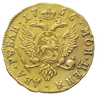 2 ruble 1756, Moskwa (Krasnyj Monetnyj Dwor), Aw: Popiersie, Rw: Orzeł dwugłowy, złoto 3.21 g, Bitkin 50 R, Fr. 99, rzadkie i ładnie zachowane