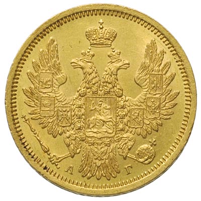 5 rubli 1855, Petersburg, złoto 6.54 g, Bitkin 38, Fr. 155, minimalne ryski w tle, ale piękny egzemplarz