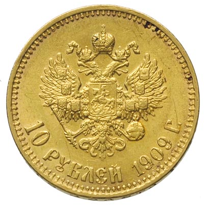 10 rubli 1909, Petersburg, złoto 8.60 g, Bitkin 14 Kazakow 359, R, Fr. 179, minimalne ryski w tle, rzadkie