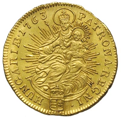 Maria Teresa 1740-1780, dukat 1763, Krzemnica, złoto 3.49 g, Fr. 181, lekko gięty, ale bardzo ładny egzemplarz