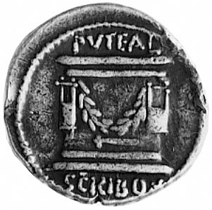 denar-L. Scribonius Libo (c. 62 r. pne) Aw: Głowa Bonusa Eventusa, z tyłu napis LIBO, przed nią BON EVENT., Rw: Dwie lyry, z wieńcem łączącym je, u góry napis PVTEAL, niżej SCRIBON. Sear 8a