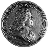 medal autorstwa Vestnera, z okazji śmierci króla Augusta II, 1733r, Aw: Popiersie króla w zbroi w ..
