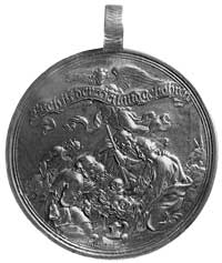 medal chrzcielny koniec XVII w., Aw: Scena chrztu, z boku Chrystus na krzyżu, nad dzieckiem Duch Ś..