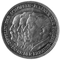 medal Karla Goetza wybity z okazji przelotu sterowca Graf Zeppelin wokół Ziemi, Aw: Trzy głowy w l..