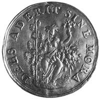 medal religijny XVII w., Aw: Siedząca postać z plonami i napis DEUS ADERIT SINE MORA, Rw: Klęcząca..