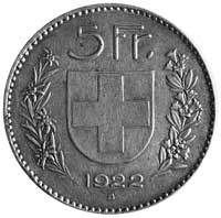5 franków 1922, Berno, Aw: Tarcza herbowa, nominał i data, Rw: Popiersie górala i napis, HMZ 1155