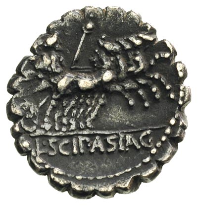 L. Scipio Asiaticus, denar serratus 106 pne, Aw: