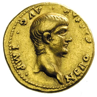 Neron 54-68, aureus 57-58, Rzym, Aw: Głowa cesarza w prawo, Rw: Wieniec i napis PONTIF MAX TR P IIII P P, złoto 7.67 g, RIC 14
