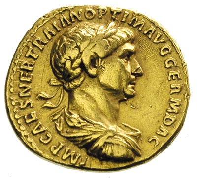 Trajan 98-117, aureus 114-117, Rzym, Aw: Popiersie cesarza w prawo, Rw: Głowa Sola w prawo i napis PARTHICO P M TR P COS VI PP S P Q R, złoto 6.73 g, RIC 329