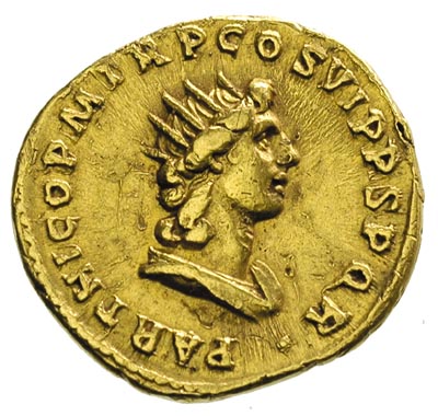 Trajan 98-117, aureus 114-117, Rzym, Aw: Popiersie cesarza w prawo, Rw: Głowa Sola w prawo i napis PARTHICO P M TR P COS VI PP S P Q R, złoto 6.73 g, RIC 329